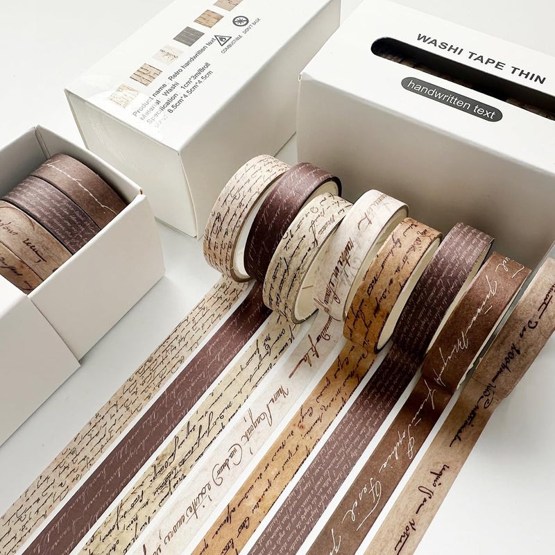 YUBX Vintage Washi Tape Set 8 Rolls Thin Retro Decorative Antique Patterns Masking Tapes for Arts, DIY Crafts, Journals, Planners, Scrapbook, Wrapping (Handwritten Text) - Image 2